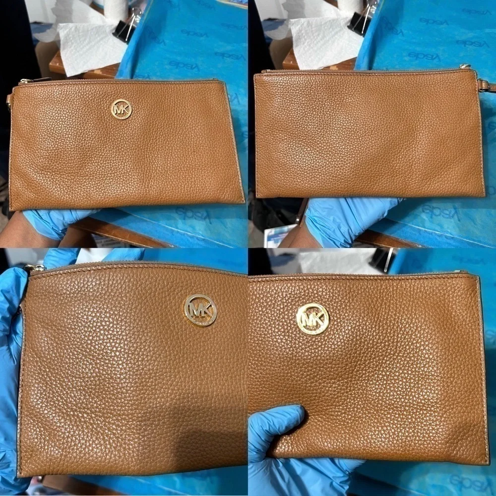 Michael Kors Brown Leather Zip Closure Clutch - “Eunice”
